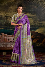 Vastranavya Purple Silk Madhubani & Bandhej Fusion Print Saree with Unstitched Blouse | Grocsy