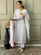 Partywear Designer Linen Cotton with cotton lining Offwhite Stitched Suit With Dupatta - Tanisha | Grocsy