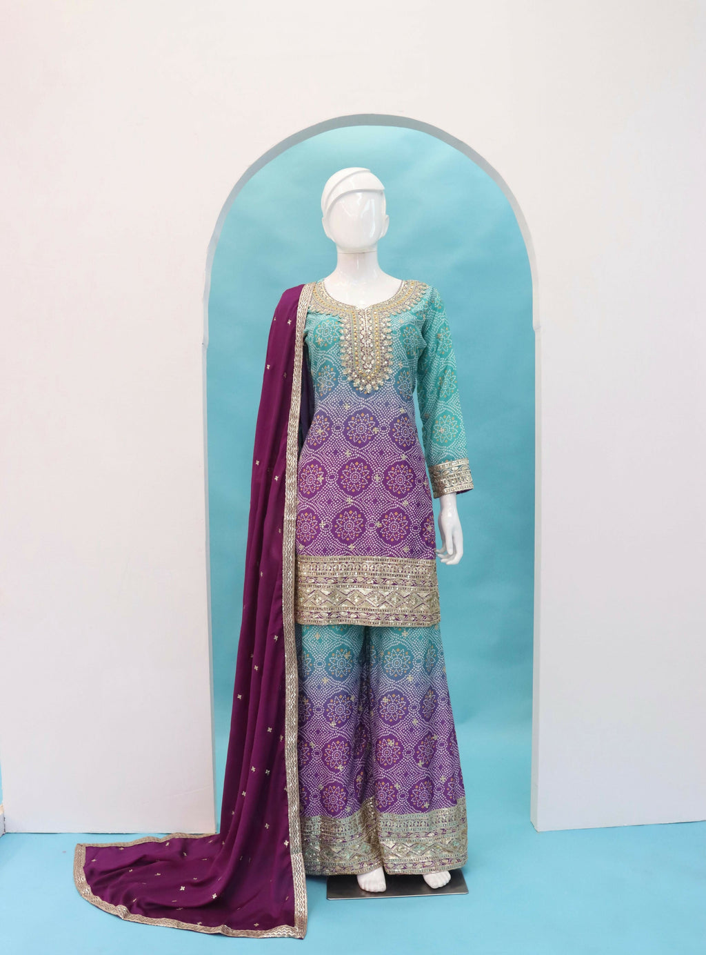 Anaita Purple Digital print with Embroidered Silk Stitched Plazo Suit | Grocsy