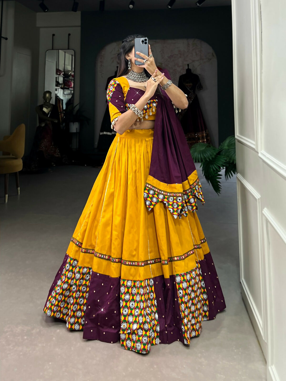 Vastranavya Navaratri Special Pure Cotton Paper Mirror Handwork With Gamthi Work With Gota Patti Touch Up Lehenga with Stitched Blouse - Mustard | Grocsy
