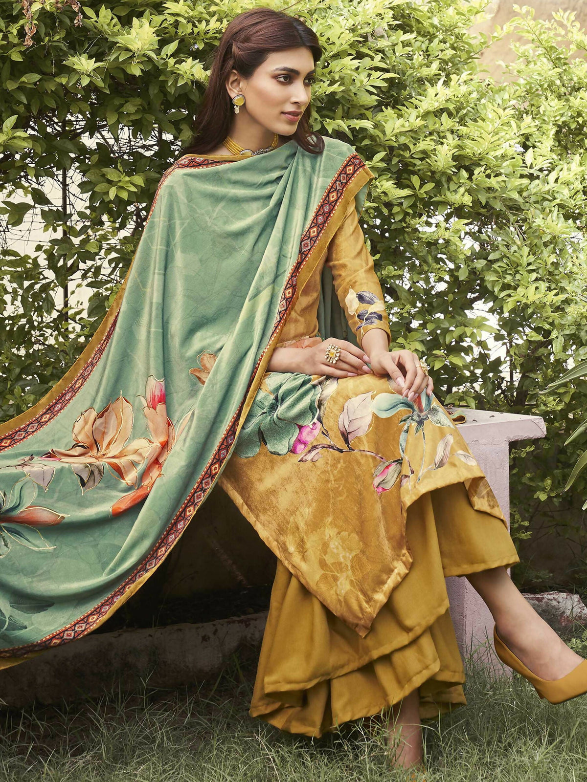 Jyoti Fashion Women's Mustard Velvet Floral Digital Printed Kurta with Trouser & Dupatta | Grocsy