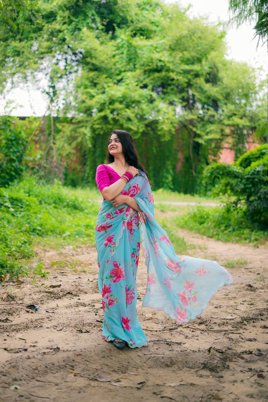 Teeya Creation Sky Blue Color Faux Georgette Digital Print Saree | Grocsy