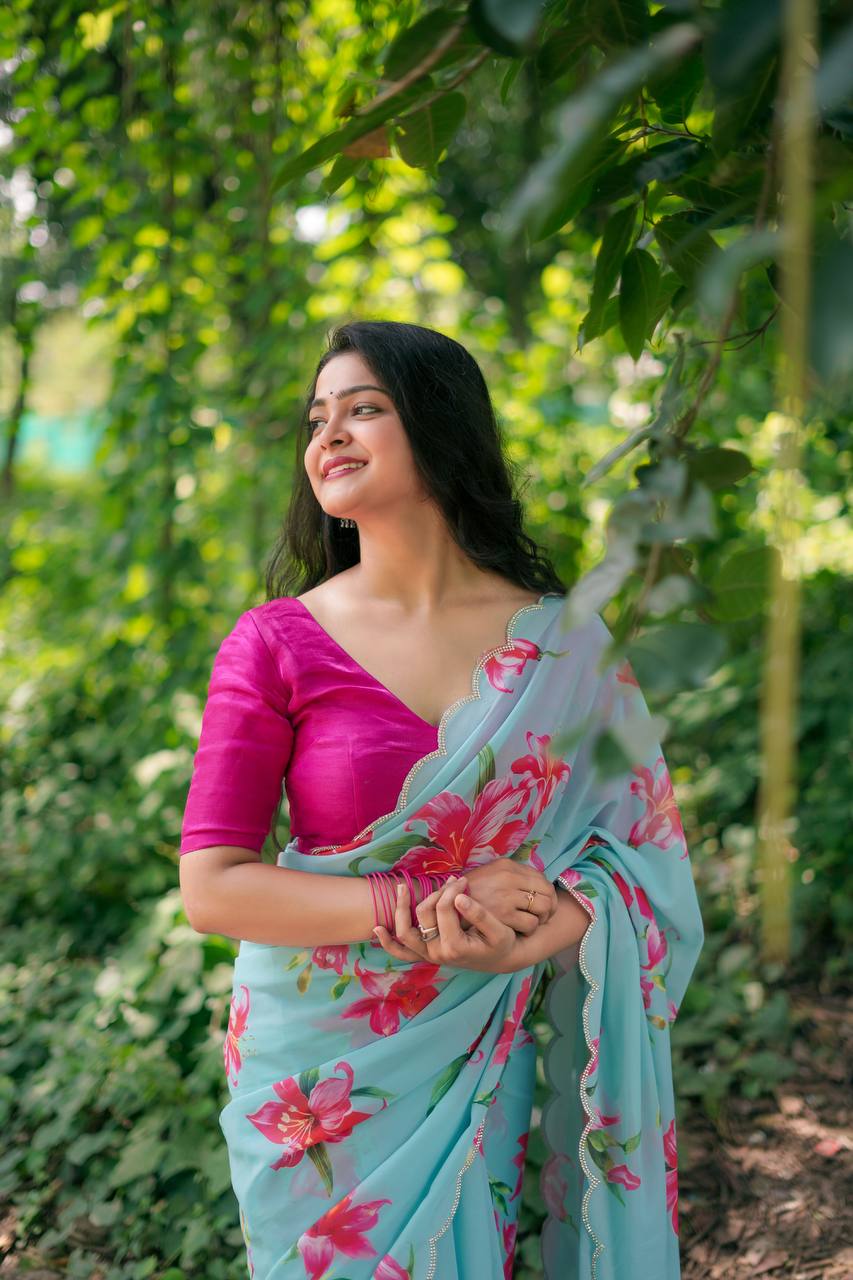 Teeya Creation Sky Blue Color Faux Georgette Digital Print Saree | Grocsy