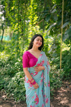 Teeya Creation Sky Blue Color Faux Georgette Digital Print Saree | Grocsy