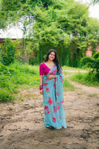 Teeya Creation Sky Blue Color Faux Georgette Digital Print Saree | Grocsy