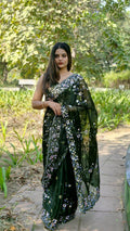 Teeya Creation Green Color Burberry Silk Embroidery Work Saree | Grocsy