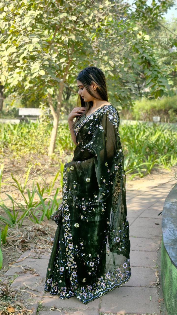 Teeya Creation Green Color Burberry Silk Embroidery Work Saree | Grocsy