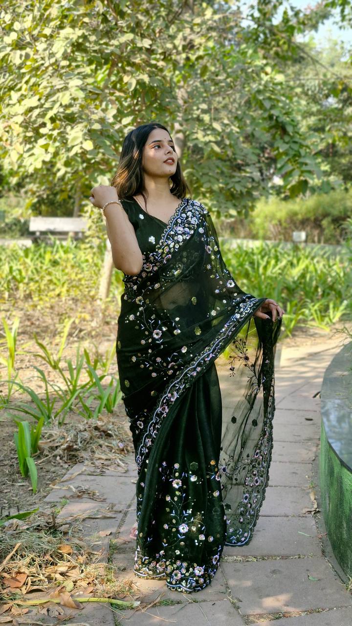 Teeya Creation Green Color Burberry Silk Embroidery Work Saree | Grocsy
