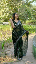 Teeya Creation Green Color Burberry Silk Embroidery Work Saree | Grocsy