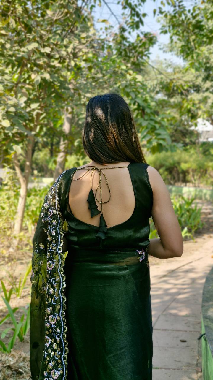 Teeya Creation Green Color Burberry Silk Embroidery Work Saree | Grocsy