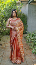 Teeya Creation Peach Color Burberry Silk Embroidery Work Saree | Grocsy