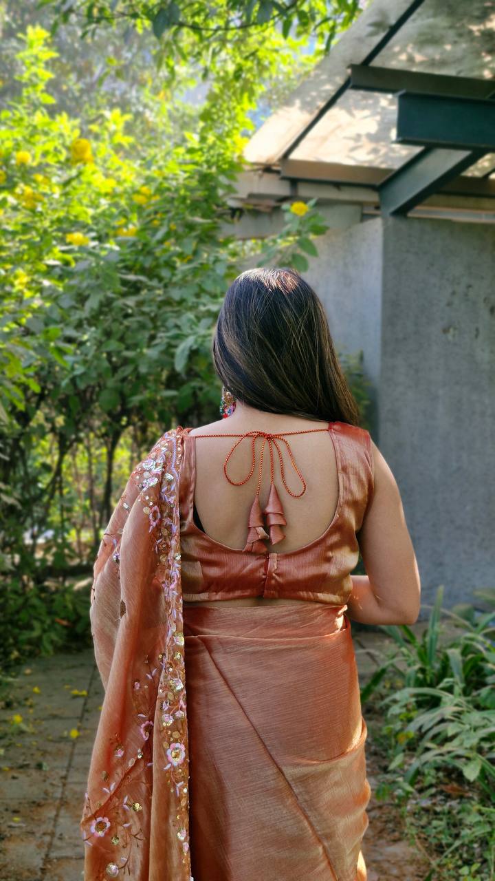 Teeya Creation Peach Color Burberry Silk Embroidery Work Saree | Grocsy