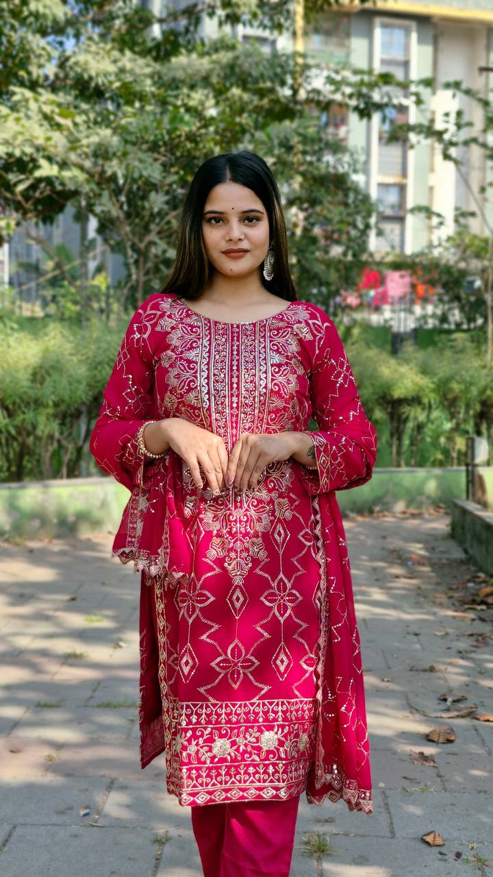 Teeya Creation Rani Color Faux Georgette Heavy Embroidery Work Fully Stitched Salwar Suit | Grocsy