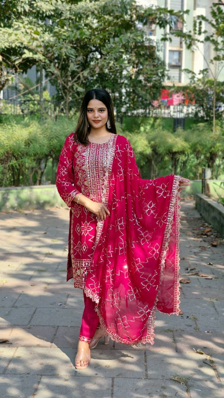 Teeya Creation Rani Color Faux Georgette Heavy Embroidery Work Fully Stitched Salwar Suit | Grocsy