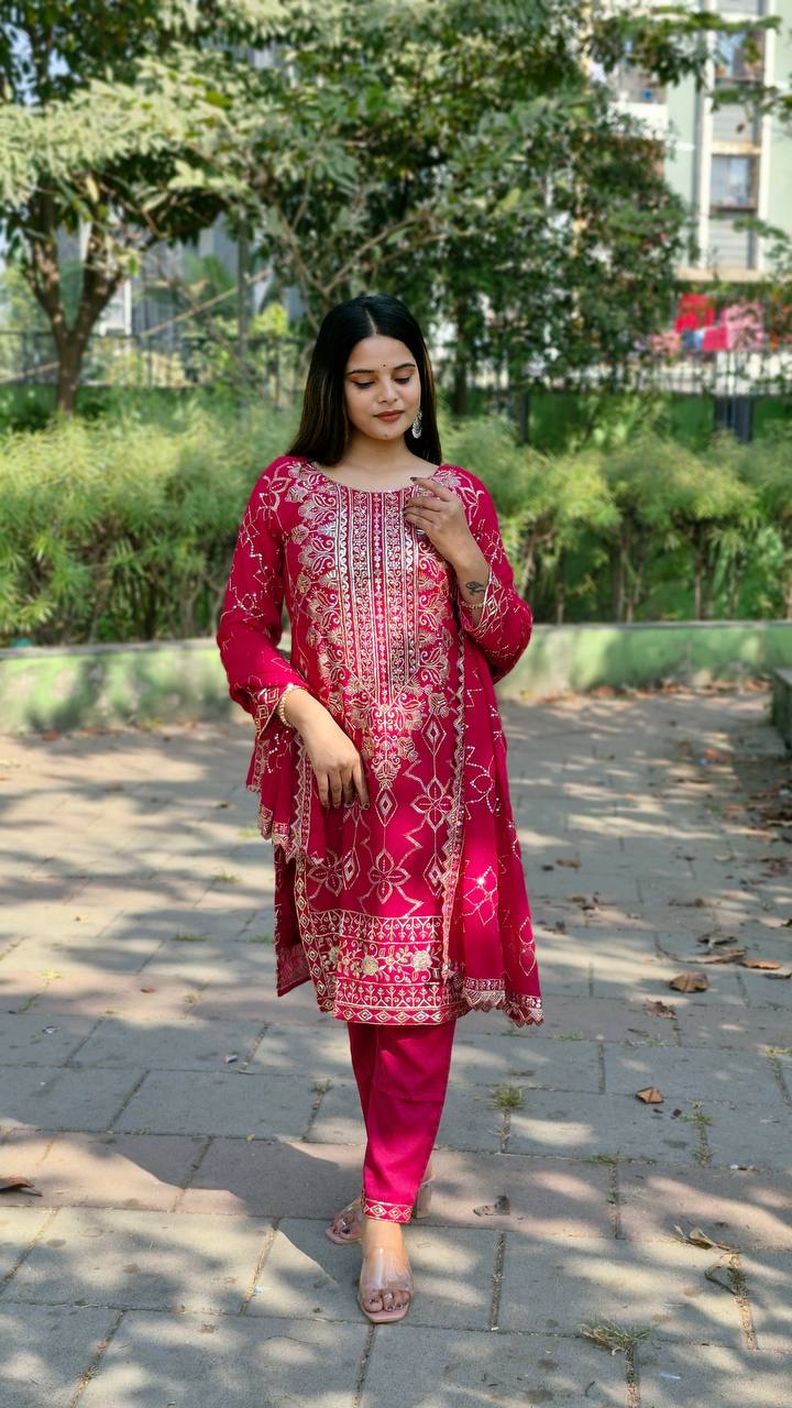 Teeya Creation Rani Color Faux Georgette Heavy Embroidery Work Fully Stitched Salwar Suit | Grocsy
