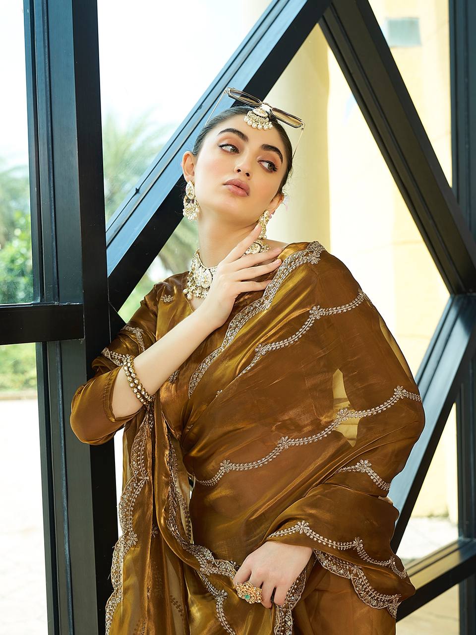 Teeya Creation Gold Color Zimichu Silk Embroidery Work Saree | Grocsy