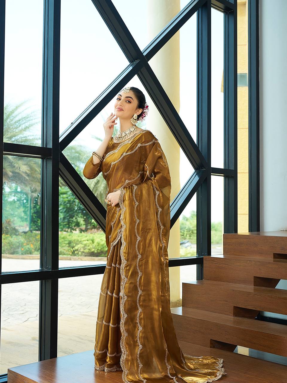 Teeya Creation Gold Color Zimichu Silk Embroidery Work Saree | Grocsy