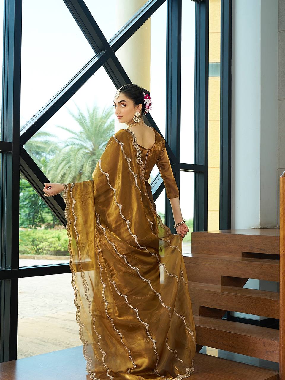 Teeya Creation Gold Color Zimichu Silk Embroidery Work Saree | Grocsy