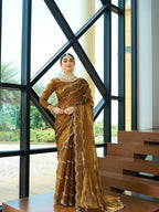 Teeya Creation Gold Color Zimichu Silk Embroidery Work Saree | Grocsy