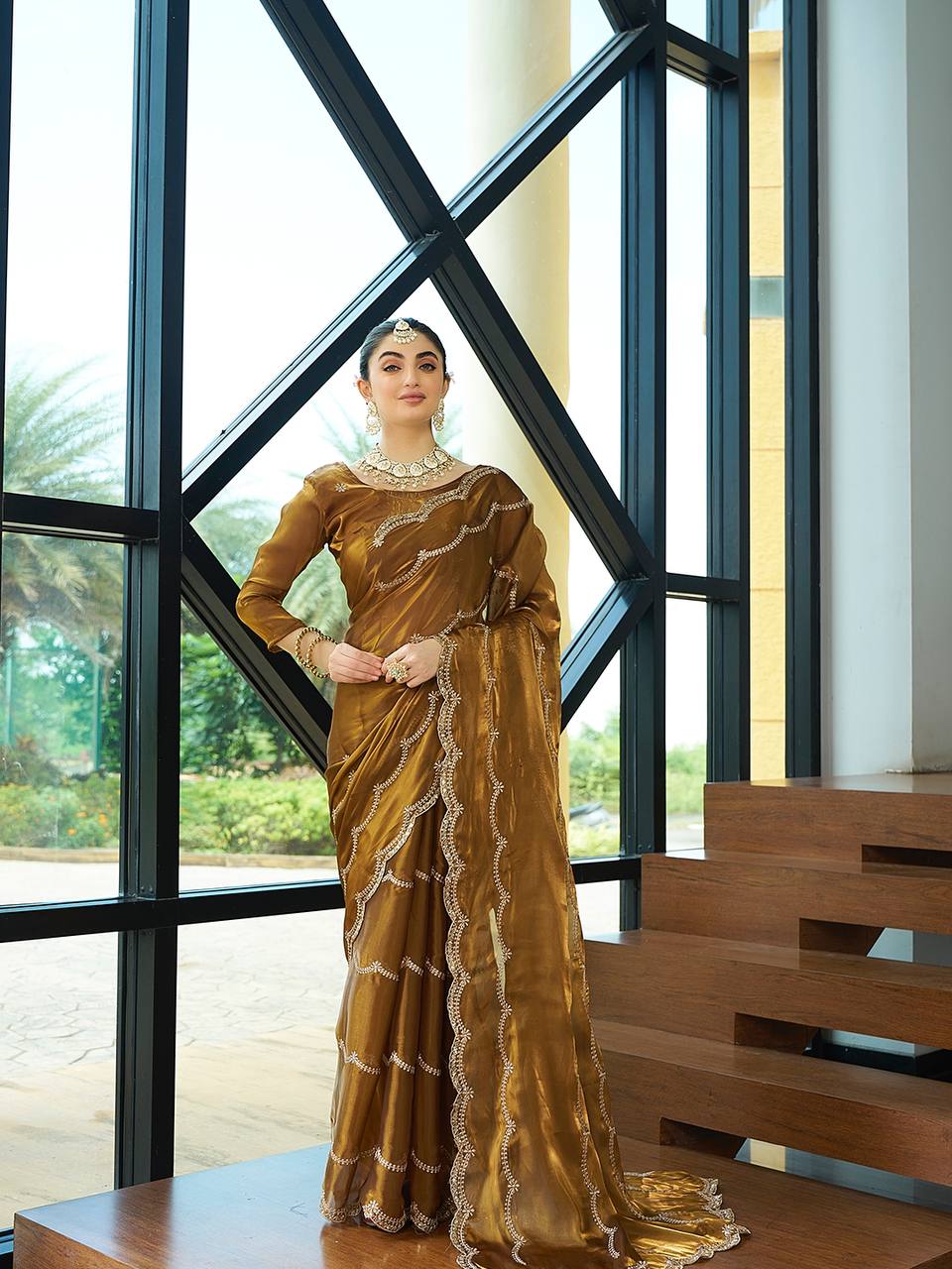 Teeya Creation Gold Color Zimichu Silk Embroidery Work Saree | Grocsy