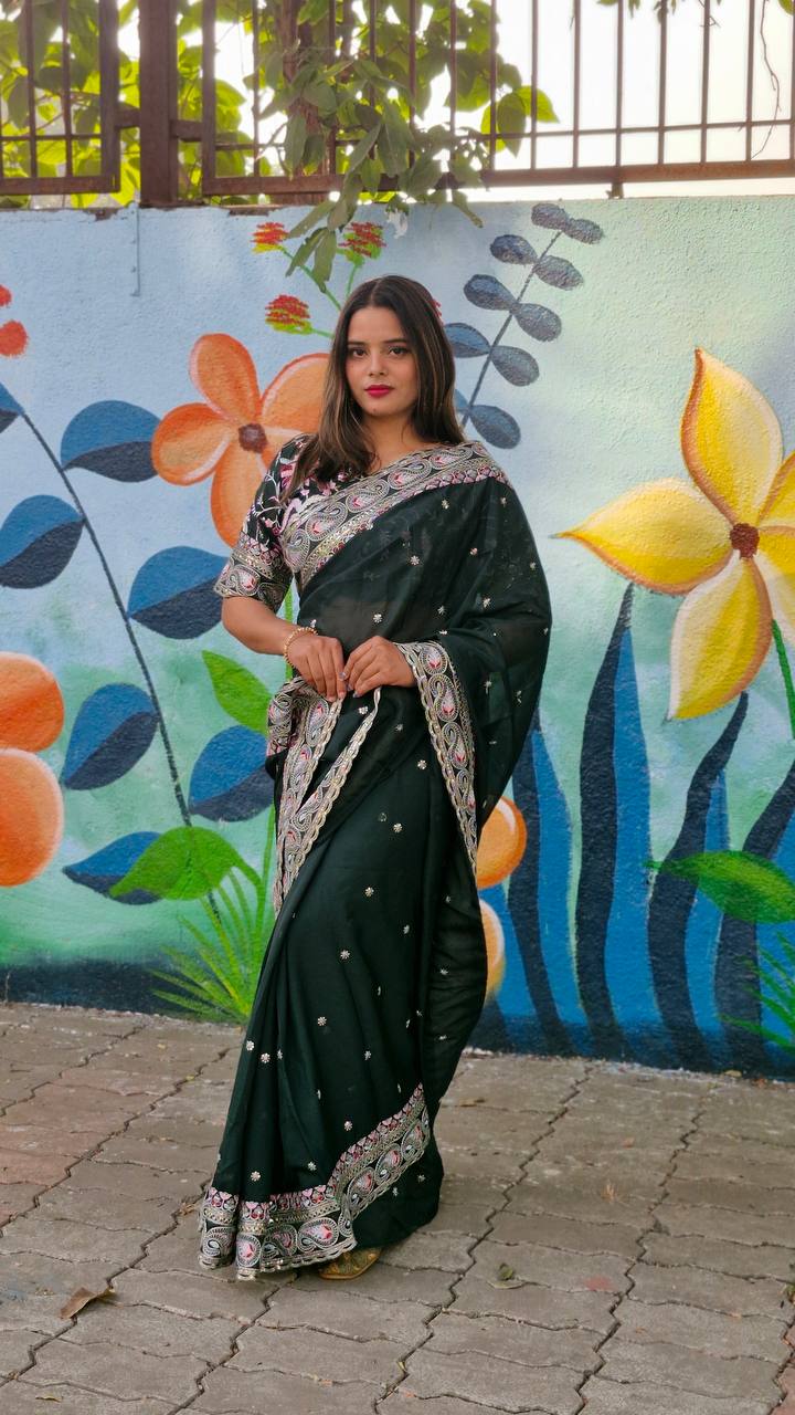 Teeya Creation Green Color Tabby Silk Embroidery Work Saree | Grocsy