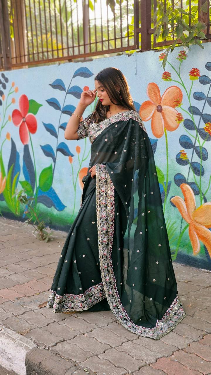 Teeya Creation Green Color Tabby Silk Embroidery Work Saree | Grocsy