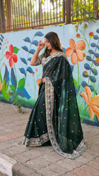 Teeya Creation Green Color Tabby Silk Embroidery Work Saree | Grocsy