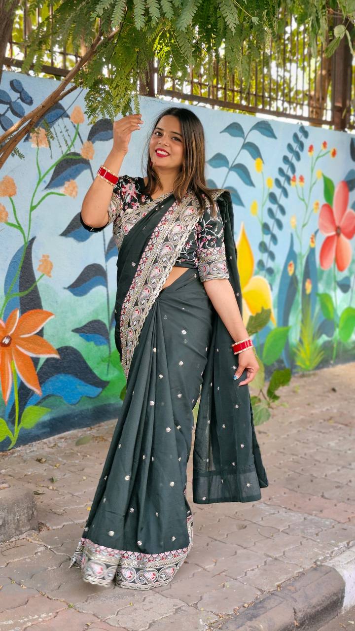 Teeya Creation Green Color Tabby Silk Embroidery Work Saree | Grocsy