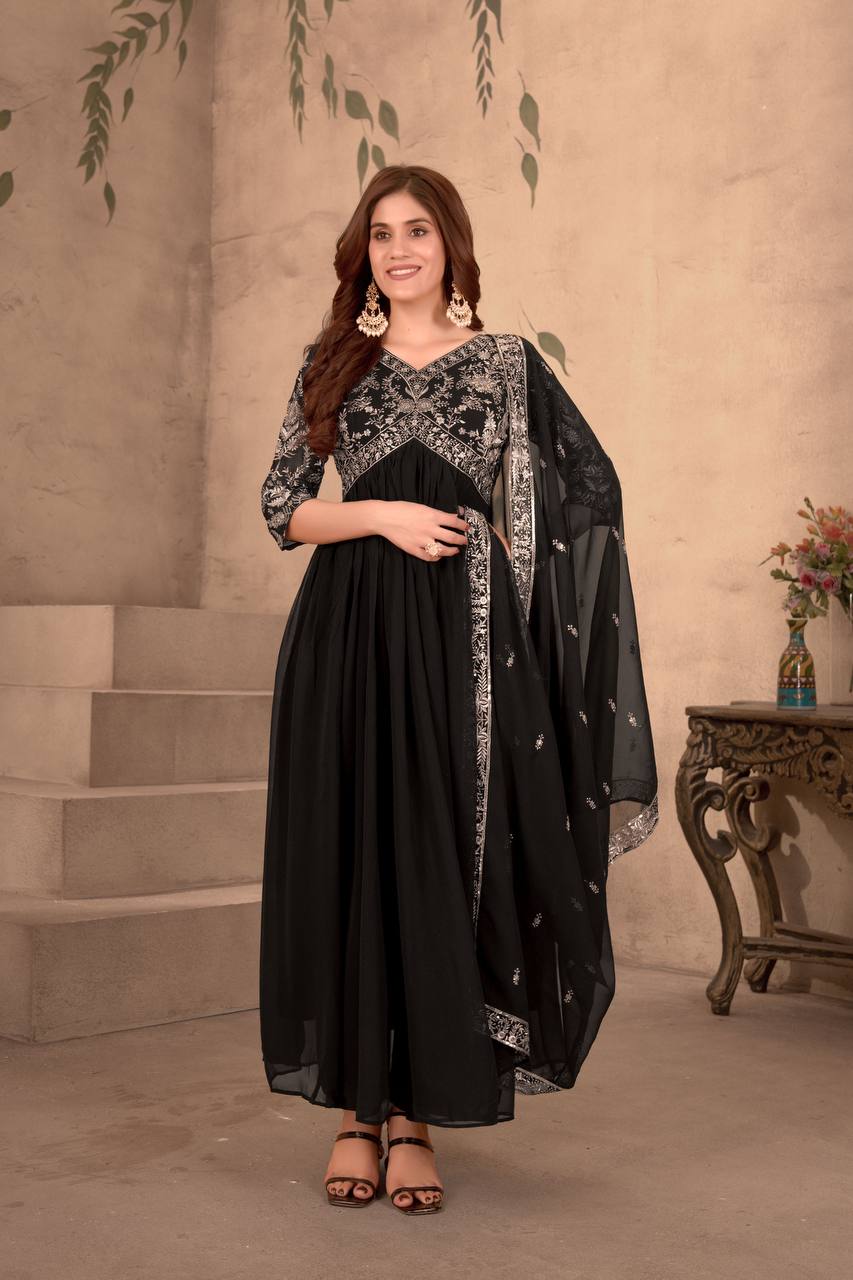 Teeya Creation Black Color Faux Georgette Embroidery Work Fully Stitched Gown | Grocsy