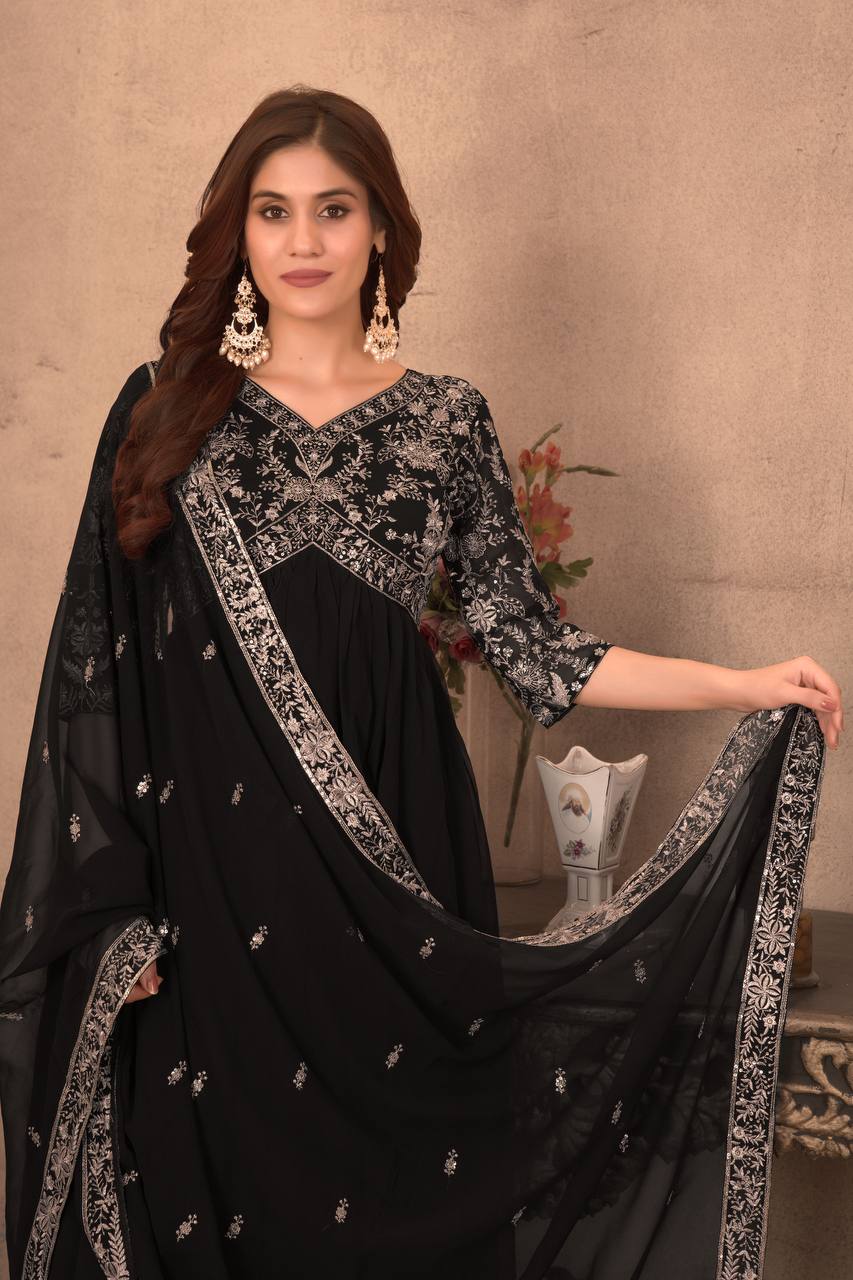 Teeya Creation Black Color Faux Georgette Embroidery Work Fully Stitched Gown | Grocsy
