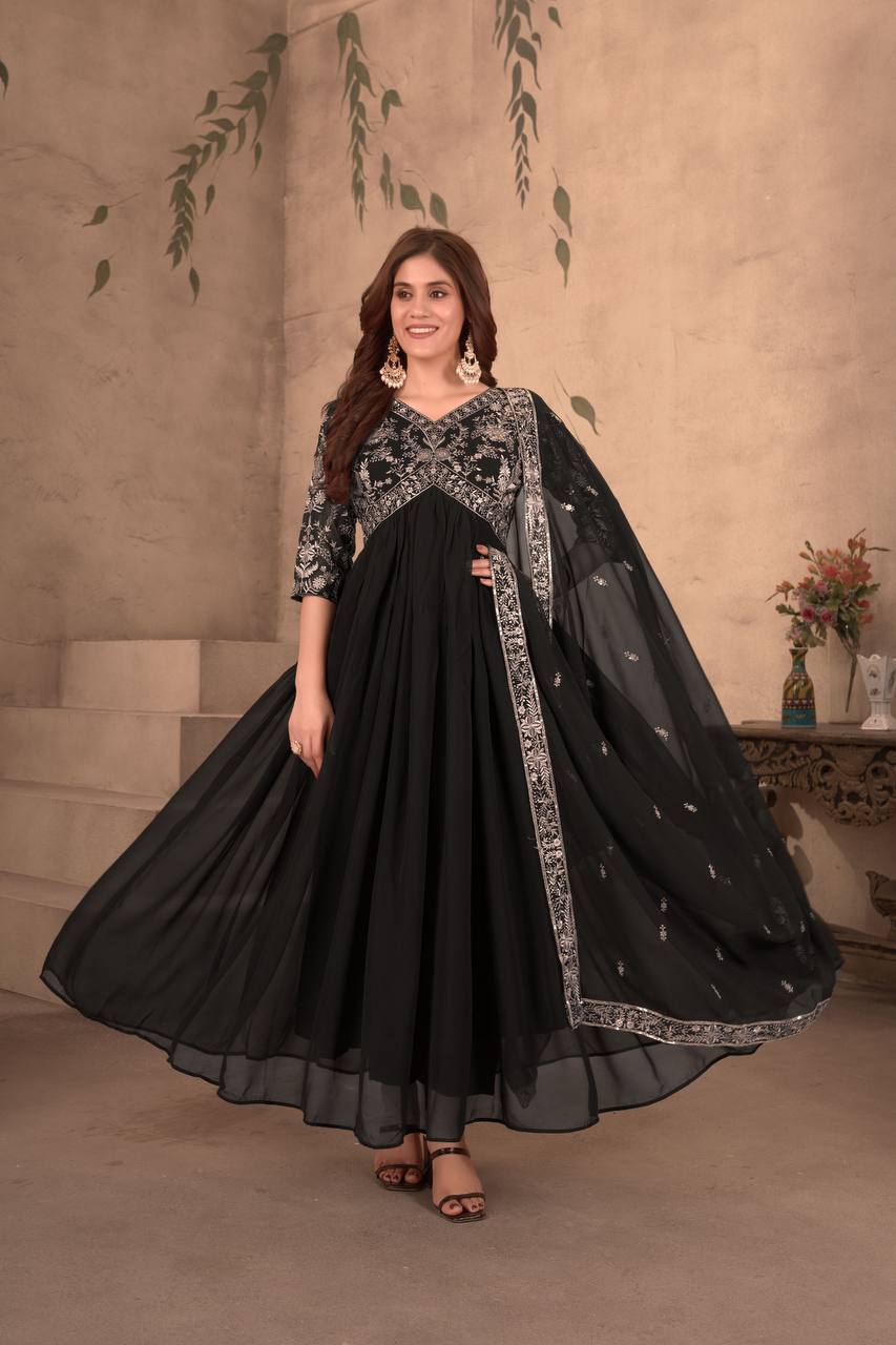 Teeya Creation Black Color Faux Georgette Embroidery Work Fully Stitched Gown | Grocsy