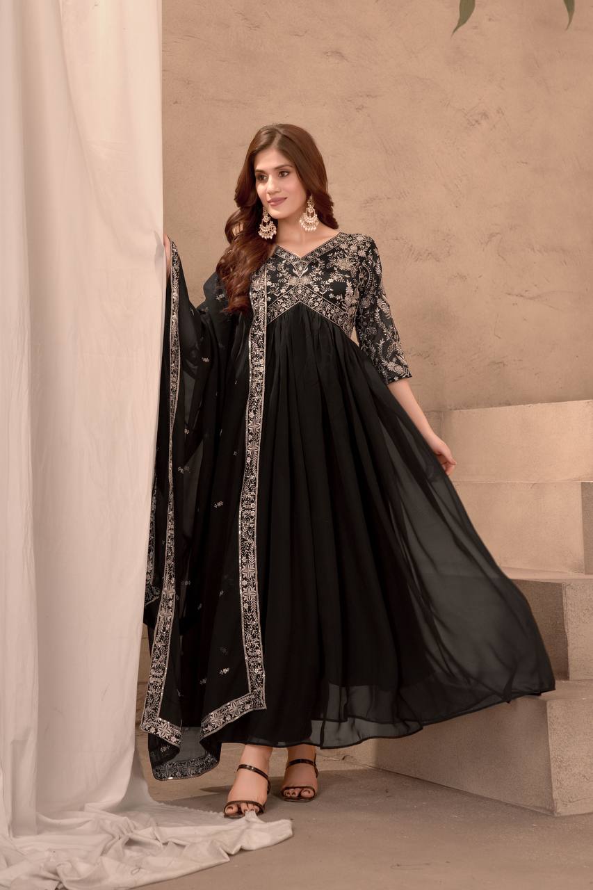 Teeya Creation Black Color Faux Georgette Embroidery Work Fully Stitched Gown | Grocsy