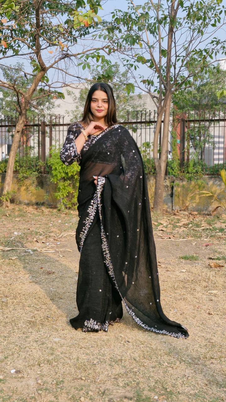 Teeya Creation Black Color Candy Crush Silk Embroidery Work Saree | Grocsy