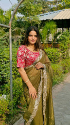 Teeya Creation Mahendi Color Candy Crush Silk Embroidery Work Saree | Grocsy