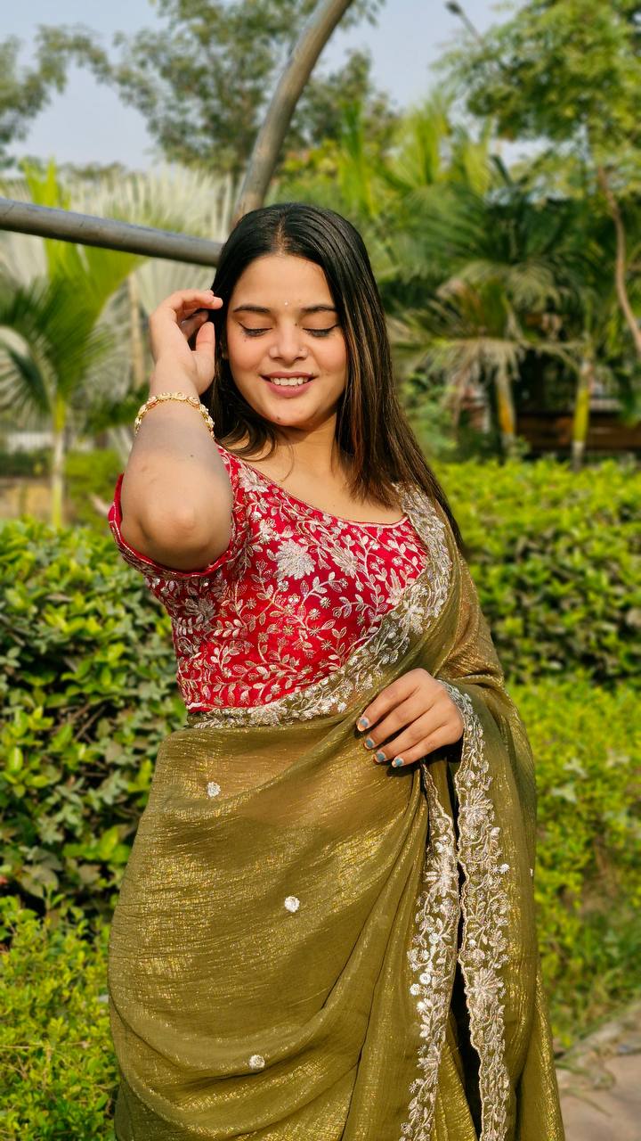 Teeya Creation Mahendi Color Candy Crush Silk Embroidery Work Saree | Grocsy