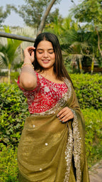 Teeya Creation Mahendi Color Candy Crush Silk Embroidery Work Saree | Grocsy
