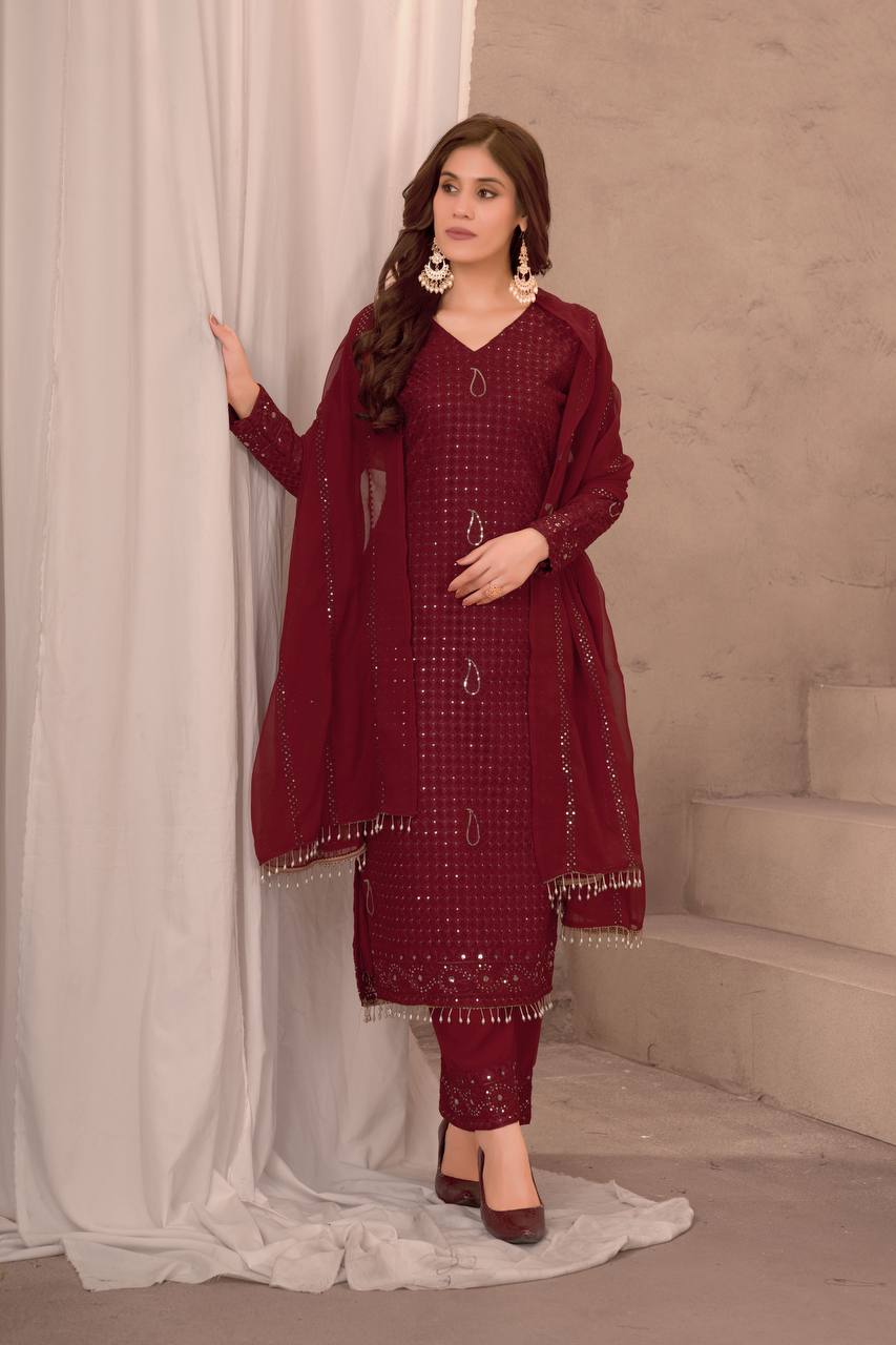 Teeya Creation Maroon Color Faux Georgette Embroidery Work Fully Stitched Salwar Suit | Grocsy