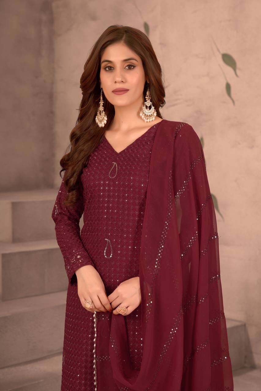 Teeya Creation Maroon Color Faux Georgette Embroidery Work Fully Stitched Salwar Suit | Grocsy
