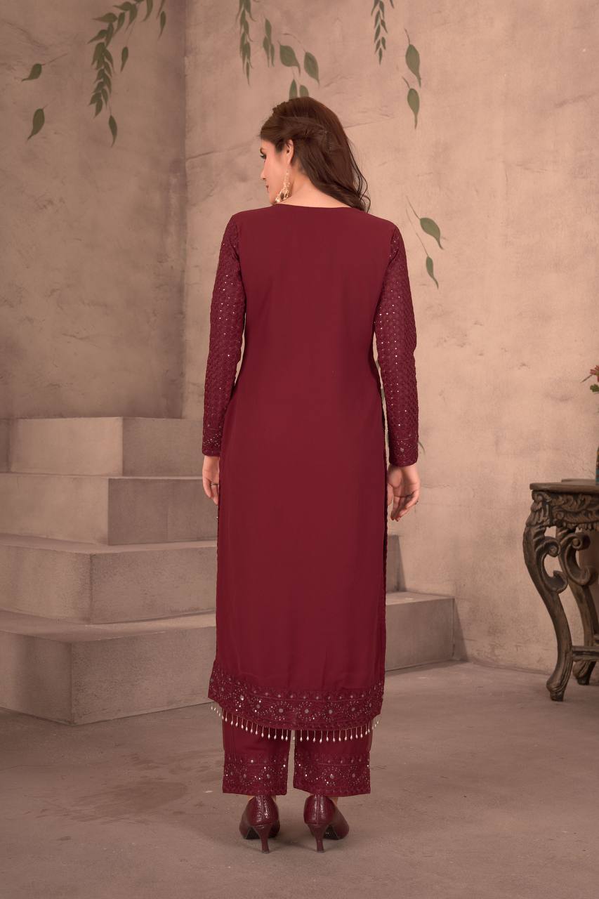 Teeya Creation Maroon Color Faux Georgette Embroidery Work Fully Stitched Salwar Suit | Grocsy