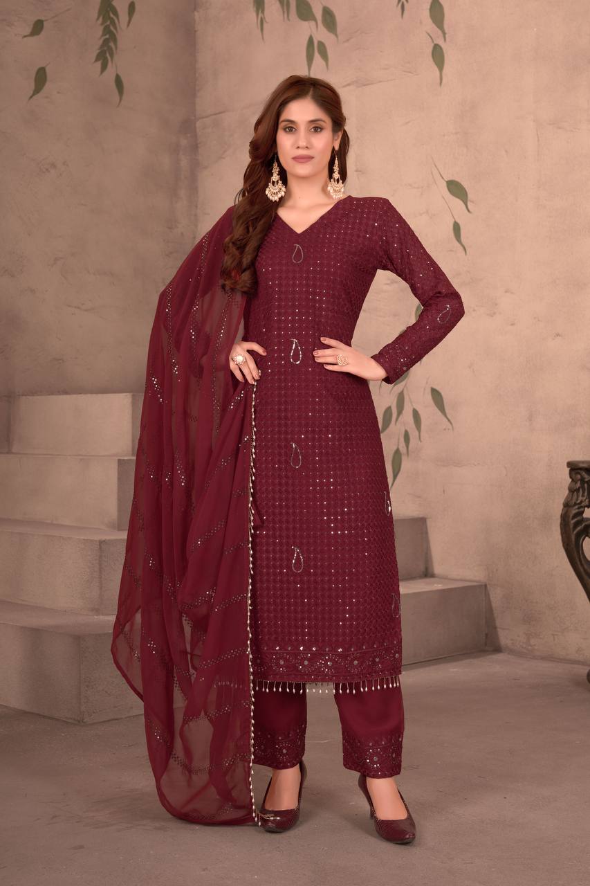 Teeya Creation Maroon Color Faux Georgette Embroidery Work Fully Stitched Salwar Suit | Grocsy