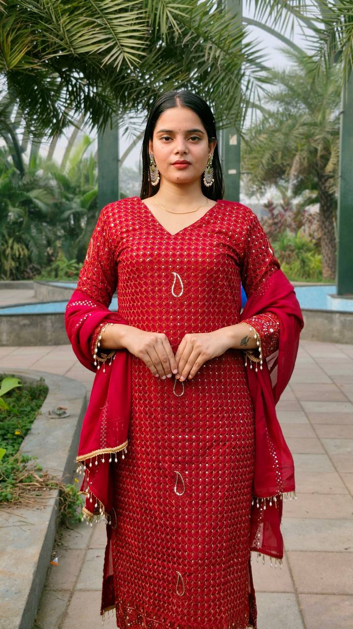 Teeya Creation Red Color Faux Georgette Embroidery Work Fully Stitched Salwar Suit | Grocsy