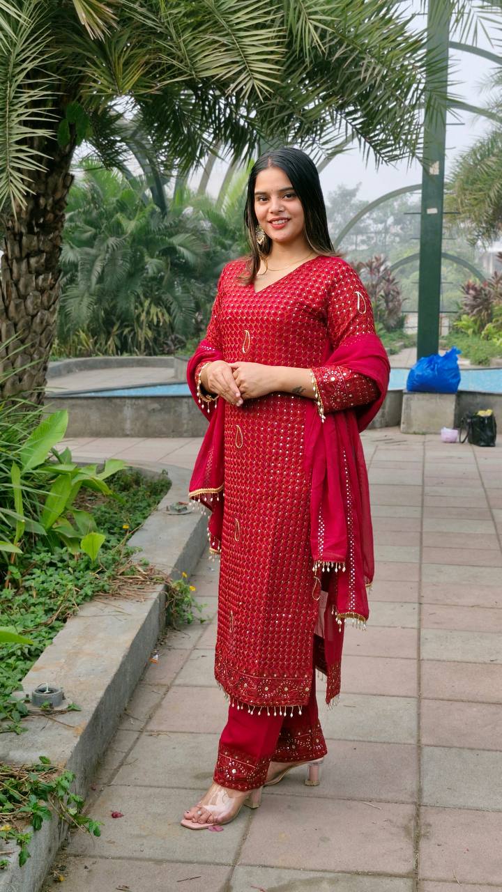 Teeya Creation Red Color Faux Georgette Embroidery Work Fully Stitched Salwar Suit | Grocsy