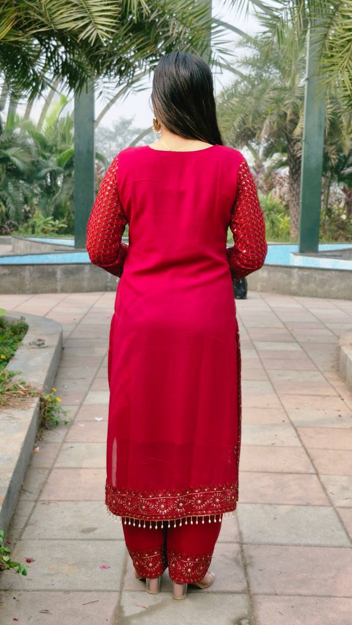 Teeya Creation Red Color Faux Georgette Embroidery Work Fully Stitched Salwar Suit | Grocsy