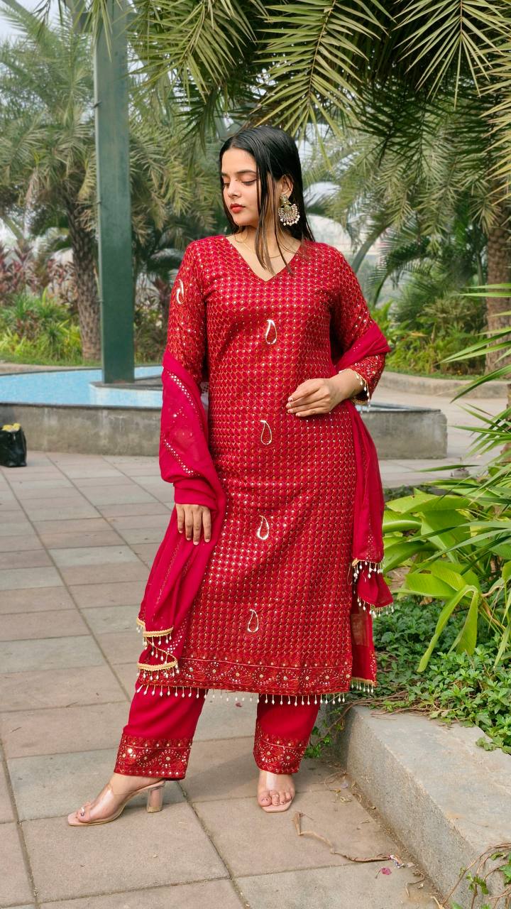 Teeya Creation Red Color Faux Georgette Embroidery Work Fully Stitched Salwar Suit | Grocsy