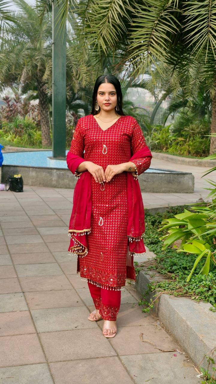 Teeya Creation Red Color Faux Georgette Embroidery Work Fully Stitched Salwar Suit | Grocsy