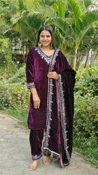 Teeya Creation Wine Color Velvet Fabric Heavy Embroidery Work Fully Stitched Salwar Suit | Grocsy