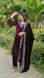 Teeya Creation Wine Color Velvet Fabric Heavy Embroidery Work Fully Stitched Salwar Suit | Grocsy