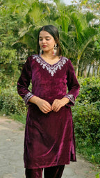Teeya Creation Wine Color Velvet Fabric Heavy Embroidery Work Fully Stitched Salwar Suit | Grocsy