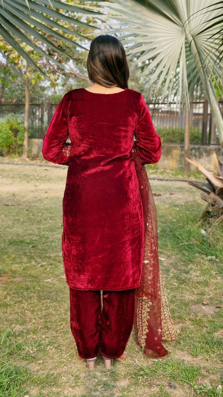 Teeya Creation Red Color Velvet Fabric Heavy Embroidery Work Fully Stitched Salwar Suit | Grocsy