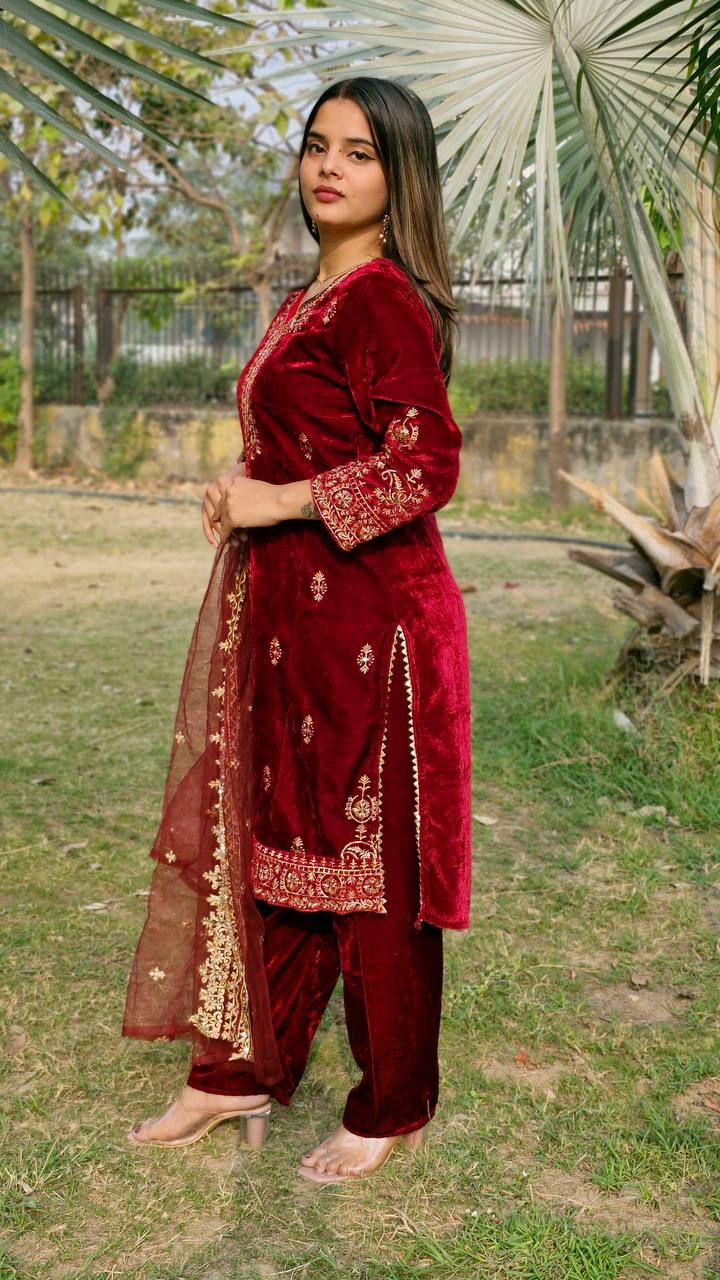 Teeya Creation Red Color Velvet Fabric Heavy Embroidery Work Fully Stitched Salwar Suit | Grocsy